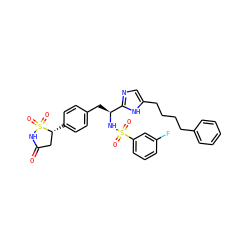 O=C1C[C@@H](c2ccc(C[C@H](NS(=O)(=O)c3cccc(F)c3)c3ncc(CCCCc4ccccc4)[nH]3)cc2)S(=O)(=O)N1 ZINC000028978086