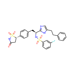 O=C1C[C@@H](c2ccc(C[C@H](NS(=O)(=O)c3cccc(F)c3)c3ncc(CCc4ccccc4)[nH]3)cc2)S(=O)(=O)N1 ZINC000028978033