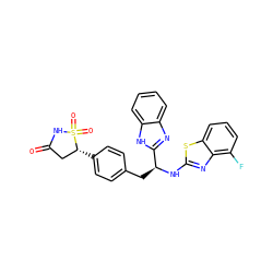 O=C1C[C@@H](c2ccc(C[C@H](Nc3nc4c(F)cccc4s3)c3nc4ccccc4[nH]3)cc2)S(=O)(=O)N1 ZINC000014955202