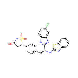O=C1C[C@@H](c2ccc(C[C@H](Nc3nc4ccccc4s3)c3nc4cc(Cl)ccc4[nH]3)cc2)S(=O)(=O)N1 ZINC000014955274