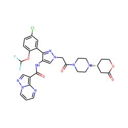 O=C1C[C@H](N2CCN(C(=O)Cn3cc(NC(=O)c4cnn5cccnc45)c(-c4cc(Cl)ccc4OC(F)F)n3)CC2)CCO1 ZINC001772573265