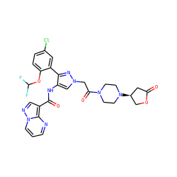 O=C1C[C@H](N2CCN(C(=O)Cn3cc(NC(=O)c4cnn5cccnc45)c(-c4cc(Cl)ccc4OC(F)F)n3)CC2)CO1 ZINC001772630217