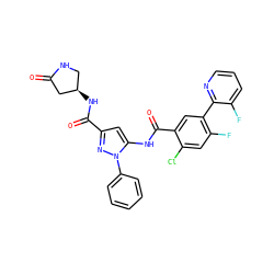 O=C1C[C@H](NC(=O)c2cc(NC(=O)c3cc(-c4ncccc4F)c(F)cc3Cl)n(-c3ccccc3)n2)CN1 ZINC001772623179