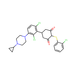 O=C1CC(c2c(Cl)ccc(N3CCN(C4CC4)CC3)c2Cl)CC(=O)C1Sc1ccccc1Cl ZINC000473127222