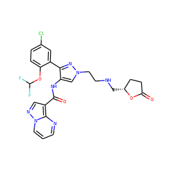 O=C1CC[C@@H](CNCCn2cc(NC(=O)c3cnn4cccnc34)c(-c3cc(Cl)ccc3OC(F)F)n2)O1 ZINC001772649730