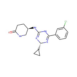 O=C1CC[C@@H](NC2=N[C@@H](C3CC3)N=C(c3cccc(Cl)c3)N2)CN1 ZINC000219560577