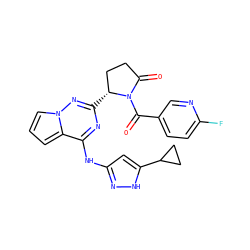 O=C1CC[C@@H](c2nc(Nc3cc(C4CC4)[nH]n3)c3cccn3n2)N1C(=O)c1ccc(F)nc1 ZINC000058468651