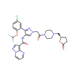 O=C1CC[C@H](CN2CCN(C(=O)Cn3cc(NC(=O)c4cnn5cccnc45)c(-c4cc(Cl)ccc4OC(F)F)n3)CC2)O1 ZINC001772578787