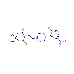 O=C1CC2(CCCC2)CC(=O)N1CCN1CCN(c2cc([N+](=O)[O-])ccc2Cl)CC1 ZINC000013560136