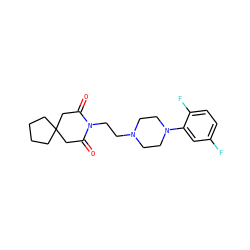 O=C1CC2(CCCC2)CC(=O)N1CCN1CCN(c2cc(F)ccc2F)CC1 ZINC000013560129
