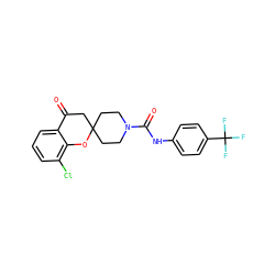 O=C1CC2(CCN(C(=O)Nc3ccc(C(F)(F)F)cc3)CC2)Oc2c(Cl)cccc21 ZINC000096286120