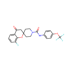 O=C1CC2(CCN(C(=O)Nc3ccc(OC(F)(F)F)cc3)CC2)Oc2c(F)cccc21 ZINC000096286118
