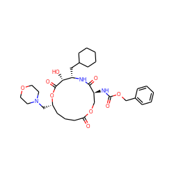 O=C1CCC[C@H](CN2CCOCC2)OC(=O)[C@H](O)[C@H](CC2CCCCC2)NC(=O)[C@@H](NC(=O)OCc2ccccc2)CO1 ZINC000027206060