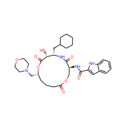 O=C1CCC[C@H](CN2CCOCC2)OC(=O)[C@H](O)[C@H](CC2CCCCC2)NC(=O)[C@@H](NC(=O)c2cc3ccccc3[nH]2)CO1 ZINC000027206080