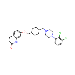 O=C1CCc2ccc(OCC3CCC(CN4CCN(c5cccc(Cl)c5Cl)CC4)CC3)cc2N1 ZINC000095557119