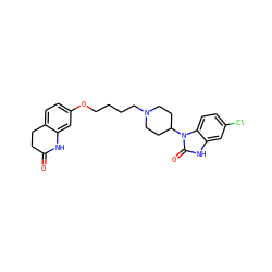 O=C1CCc2ccc(OCCCCN3CCC(n4c(=O)[nH]c5cc(Cl)ccc54)CC3)cc2N1 ZINC000072112337