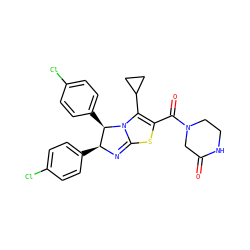 O=C1CN(C(=O)C2=C(C3CC3)N3C(=N[C@@H](c4ccc(Cl)cc4)[C@H]3c3ccc(Cl)cc3)S2)CCN1 ZINC000088344453