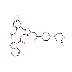 O=C1CN(C2CCN(C(=O)Cn3cc(NC(=O)c4cnn5cccnc45)c(-c4cc(Cl)ccc4OC(F)F)n3)CC2)CCN1 ZINC001772599647