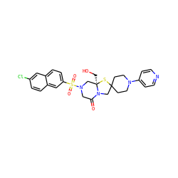 O=C1CN(S(=O)(=O)c2ccc3cc(Cl)ccc3c2)C[C@@]2(CO)SC3(CCN(c4ccncc4)CC3)CN12 ZINC000060248531