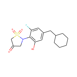 O=C1CN(c2c(O)cc(CC3CCCCC3)cc2F)S(=O)(=O)C1 ZINC000045336491
