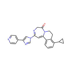 O=C1CN=C(n2cnc(-c3ccncc3)c2)C=C2c3cccc(C4CC4)c3CCN12 ZINC000149114304