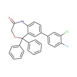 O=C1COC(c2ccccc2)(c2ccccc2)c2cc(-c3ccc(F)c(Cl)c3)ccc2N1 ZINC000040424037
