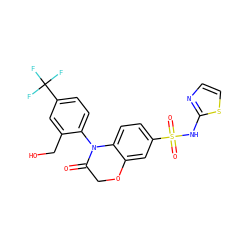 O=C1COc2cc(S(=O)(=O)Nc3nccs3)ccc2N1c1ccc(C(F)(F)F)cc1CO ZINC000220314806