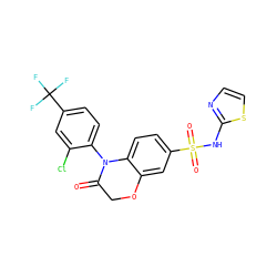 O=C1COc2cc(S(=O)(=O)Nc3nccs3)ccc2N1c1ccc(C(F)(F)F)cc1Cl ZINC000220310689