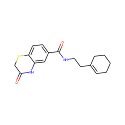 O=C1CSc2ccc(C(=O)NCCC3=CCCCC3)cc2N1 ZINC000003032022