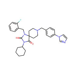 O=C1N(C2CCCCC2)C(=O)C2(CCN(Cc3ccc(-n4ccnc4)cc3)CC2)N1Cc1ccccc1F ZINC000028704472