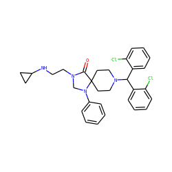 O=C1N(CCNC2CC2)CN(c2ccccc2)C12CCN(C(c1ccccc1Cl)c1ccccc1Cl)CC2 ZINC000096901359