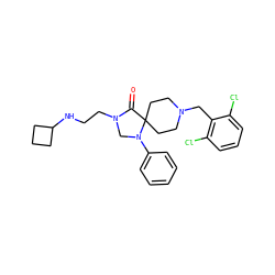 O=C1N(CCNC2CCC2)CN(c2ccccc2)C12CCN(Cc1c(Cl)cccc1Cl)CC2 ZINC000040403421
