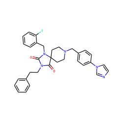 O=C1N(CCc2ccccc2)C(=O)C2(CCN(Cc3ccc(-n4ccnc4)cc3)CC2)N1Cc1ccccc1F ZINC000028704479