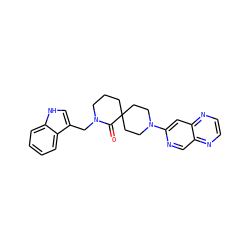 O=C1N(Cc2c[nH]c3ccccc23)CCCC12CCN(c1cc3nccnc3cn1)CC2 ZINC000096173206