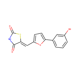 O=C1NC(=O)/C(=C/c2ccc(-c3cccc(O)c3)o2)S1 ZINC000035786654