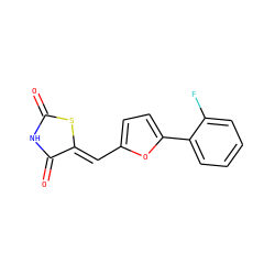 O=C1NC(=O)/C(=C/c2ccc(-c3ccccc3F)o2)S1 ZINC000008207213