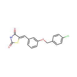 O=C1NC(=O)/C(=C/c2cccc(OCc3ccc(Cl)cc3)c2)S1 ZINC000106693405