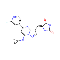 O=C1NC(=O)/C(=C/c2cnn3c(NC4CC4)cc(-c4ccnc(F)c4)nc23)N1 ZINC000117820819