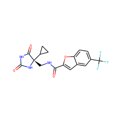 O=C1NC(=O)[C@](CNC(=O)c2cc3cc(C(F)(F)F)ccc3o2)(C2CC2)N1 ZINC001772604144