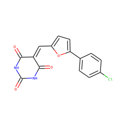 O=C1NC(=O)C(=Cc2ccc(-c3ccc(Cl)cc3)o2)C(=O)N1 ZINC000008768551