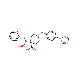 O=C1NC(=O)C2(CCN(Cc3ccc(-n4ccnc4)cc3)CC2)N1Cc1ccccc1F ZINC000028704461