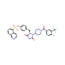 O=C1NC(=O)N(C2CCN(C(=O)c3ccc(Cl)c(C(F)(F)F)c3)CC2)[C@@H]1Cc1ccc(OS(=O)(=O)c2cccc3cnccc23)cc1 ZINC000299862733