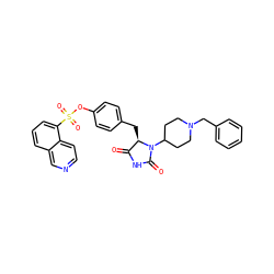 O=C1NC(=O)N(C2CCN(Cc3ccccc3)CC2)[C@@H]1Cc1ccc(OS(=O)(=O)c2cccc3cnccc23)cc1 ZINC000205343420