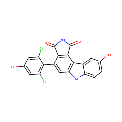 O=C1NC(=O)c2c1c(-c1c(Cl)cc(O)cc1Cl)cc1[nH]c3ccc(O)cc3c21 ZINC000034804123
