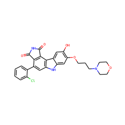 O=C1NC(=O)c2c1c(-c1ccccc1Cl)cc1[nH]c3cc(OCCCN4CCOCC4)c(O)cc3c21 ZINC000029127360