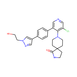 O=C1NCCC12CCN(c1c(Cl)cncc1-c1ccc(-c3cnn(CCO)c3)cc1)CC2 ZINC000653846581