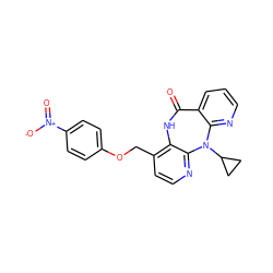O=C1Nc2c(COc3ccc([N+](=O)[O-])cc3)ccnc2N(C2CC2)c2ncccc21 ZINC000005933765