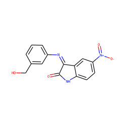 O=C1Nc2ccc([N+](=O)[O-])cc2/C1=N/c1cccc(CO)c1 ZINC000013574372