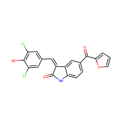O=C1Nc2ccc(C(=O)c3ccco3)cc2/C1=C/c1cc(Cl)c(O)c(Cl)c1 ZINC000084495542