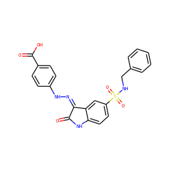 O=C1Nc2ccc(S(=O)(=O)NCc3ccccc3)cc2/C1=N/Nc1ccc(C(=O)O)cc1 ZINC000040980226